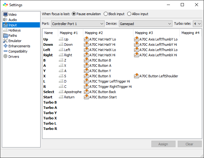 Input settings for Xbox 360 controller